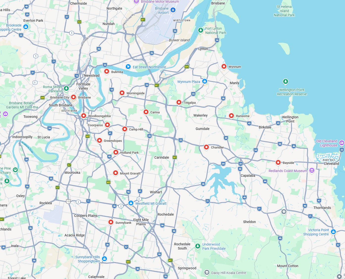 Service area map for Brisbane CBD, Southside, and Bayside